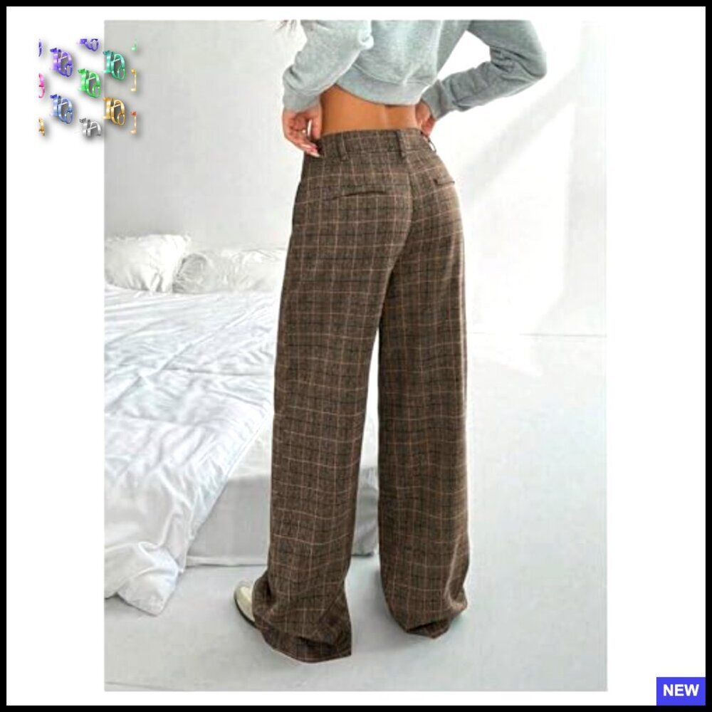Plaid Wide Leg Trousers Low Rise Casual Flannel Palazzo Pants with Pockets - Picture 2 of 5
